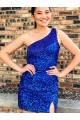 Online One Shoulder Sleeveless Short Velvet Sequin Royal Blue Prom Dress UK