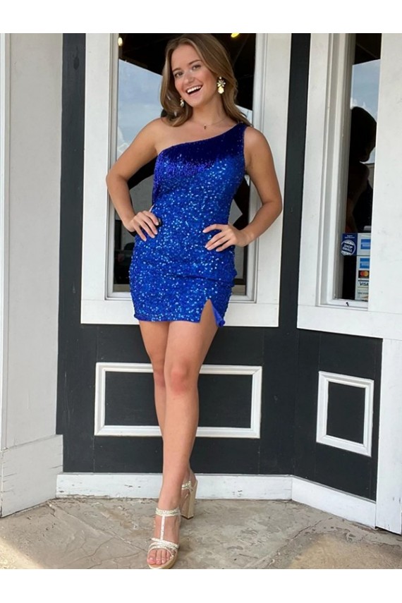 Online One Shoulder Sleeveless Short Velvet Sequin Royal Blue Prom Dress UK