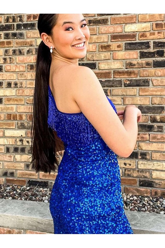 Online One Shoulder Sleeveless Short Velvet Sequin Royal Blue Prom Dress UK