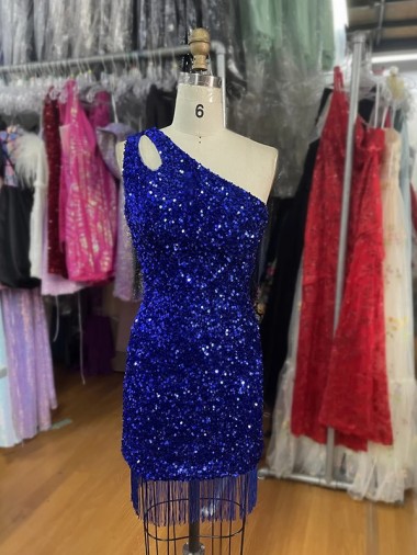 Online One Shoulder Keyhole Sleeveless Short Velvet Sequin Prom Dress UK
