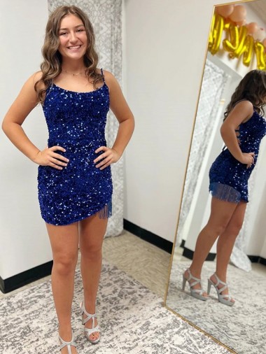 Online Spaghetti Straps Backless Sleeveless Short Velvet Sequin Prom Dress UK