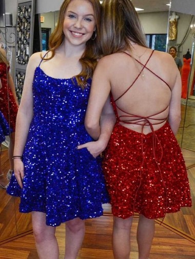 Online A-Line Spaghetti Straps Sleeveless Short Velvet Sequin Prom Dress UK