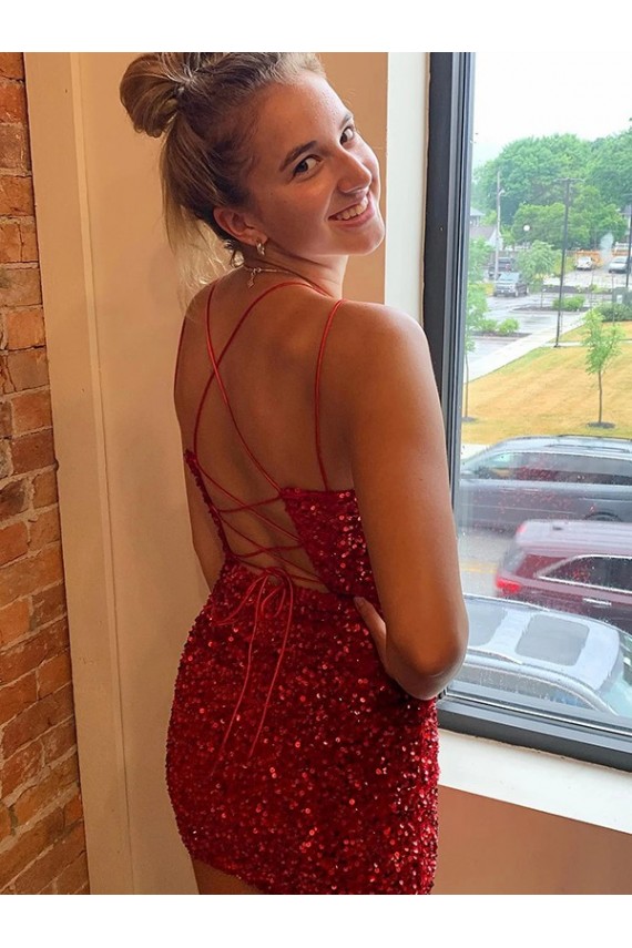Online V-Neck Sleeveless Short Velvet Sequins Prom Dress UK