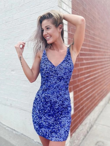 Online Short Velvet Sequin V-Neck Sleeveless Prom Dress UK