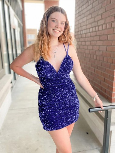 Online Sleeveless Short Velvet Sequin V-Neck Prom Dress UK