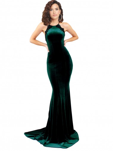 Online High Neck Stretch Velvet Prom Dress with Black Lace Embroidery UK