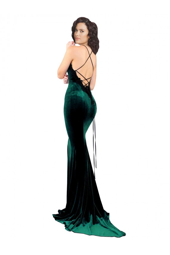 Online High Neck Stretch Velvet Prom Dress with Black Lace Embroidery UK