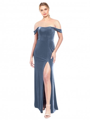 Online Draped Sleeves Wide Scoop Neck Off the Shoulder Velvet Prom Dress UK