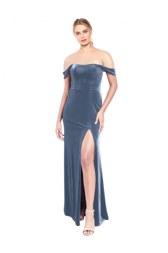 Online Draped Sleeves Wide Scoop Neck Off the Shoulder Velvet Prom Dress UK