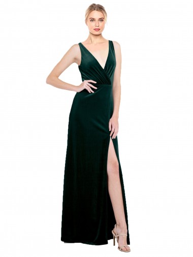 Online Sleek V-Neck Long Velvet Prom Dress with Side Slit UK