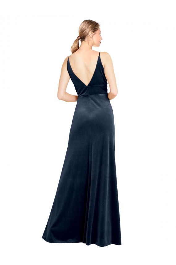 Online V-Back Long Velvet Prom Dress with Notched V-Neck and Spaghetti Straps UK