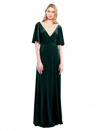 Online Deep V-Neck Flutter Sleeves Long Velvet Wrap Prom Dress UK
