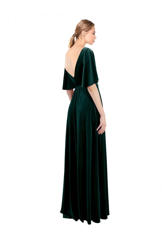 Online Deep V-Neck Flutter Sleeves Long Velvet Wrap Prom Dress UK
