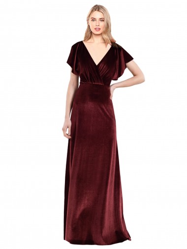 Online Flutter Sleeves Open Back Long Velvet Prom Dress UK