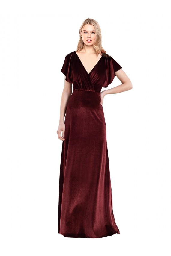 Online Flutter Sleeves Open Back Long Velvet Prom Dress UK