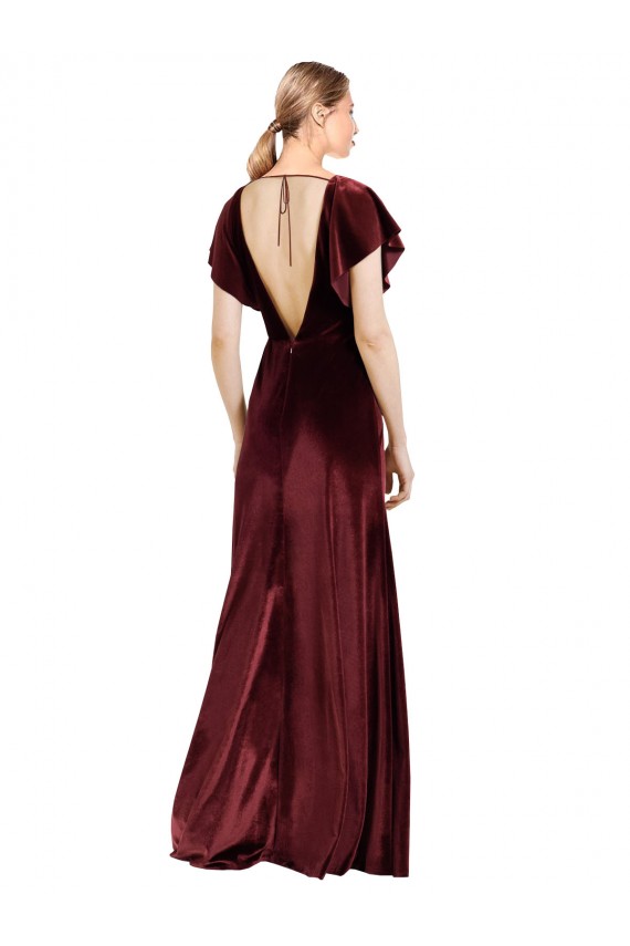 Online Flutter Sleeves Open Back Long Velvet Prom Dress UK