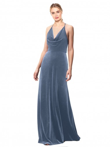 Online Halter Cowl Neck Long A-Line Velvet Prom Dress with Keyhole Back UK