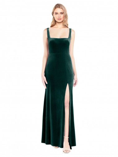 Online Square Neck Full Length Velvet Prom Dress with Side Slit UK