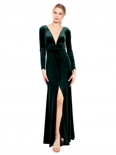 Online Plunging V-Neckline Long Sleeves Open Back Velvet Prom Dress UK