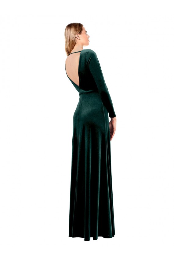 Online Plunging V-Neckline Long Sleeves Open Back Velvet Prom Dress UK