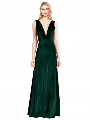 Online Daring Deep V-Neck Long Full Length Velvet Prom Dress UK