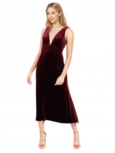 Online Daring Plunging V-Neckline Short Midi Length Velvet Cocktail Prom Dress / Homecoming Dress UK