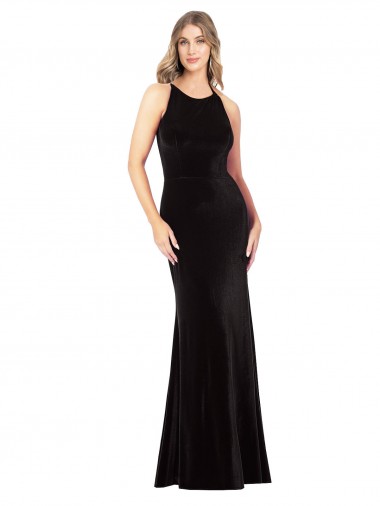 Online Vintage Velvet High Neck Prom Dress with Strappy Back UK