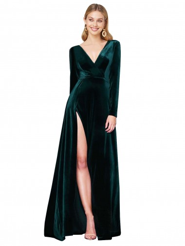 Online Deep V-Neck Long Sleeves Velvet Prom Dress with High Side Split UK