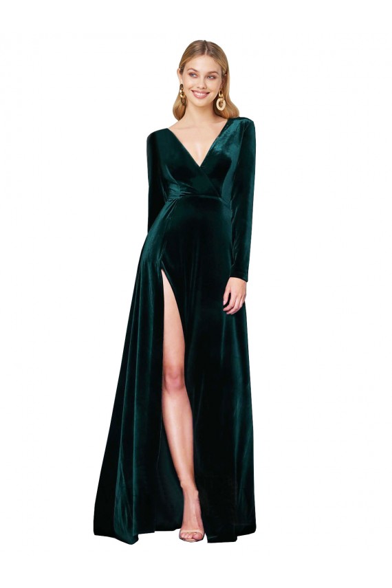 Online Deep V-Neck Long Sleeves Velvet Prom Dress with High Side Split UK