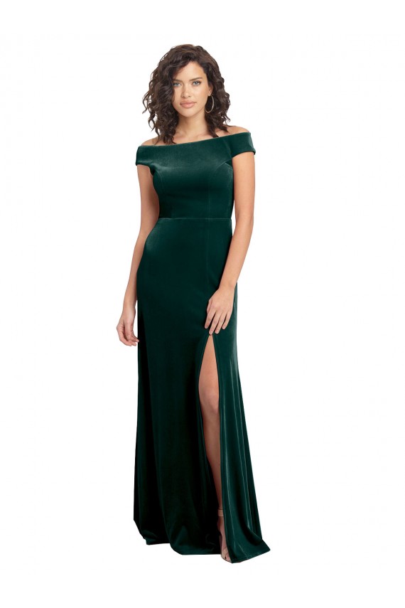 Online Floor Length Cap Sleeves Long Velvet Prom Dress with High Side Slit UK