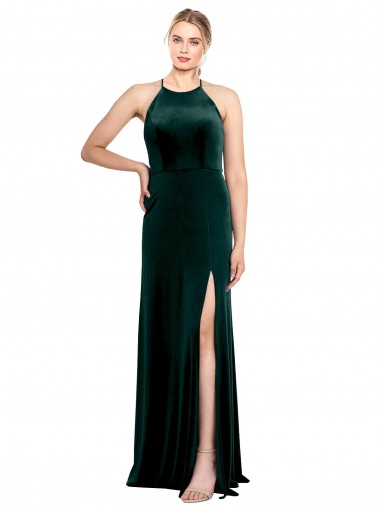 Online Long Jewel Neck Full Length Velvet Prom Dress with Side Slit UK