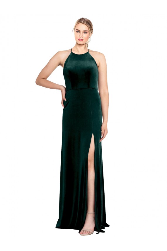 Online Long Jewel Neck Full Length Velvet Prom Dress with Side Slit UK