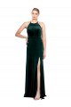 Online Long Jewel Neck Full Length Velvet Prom Dress with Side Slit UK
