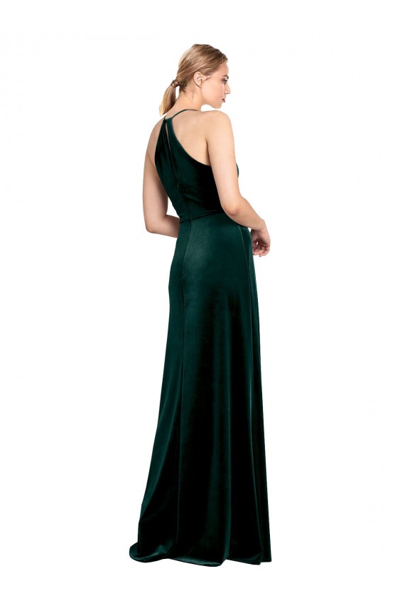 Online Long Jewel Neck Full Length Velvet Prom Dress with Side Slit UK