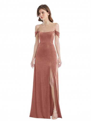 Online Off the Shoulder Flounce Sleeve Velvet Maxi Prom Dress & Pockets UK