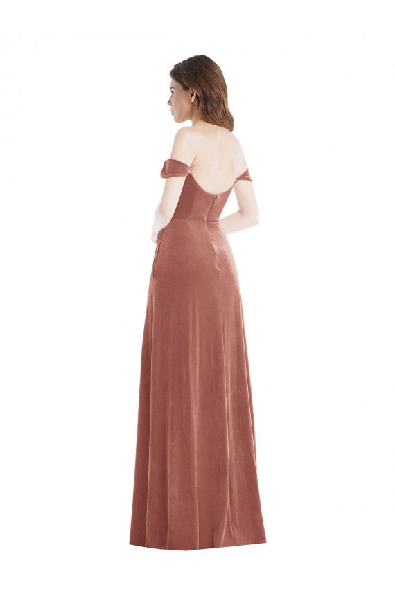 Online Off the Shoulder Flounce Sleeve Velvet Maxi Prom Dress & Pockets UK