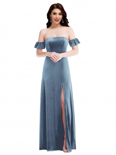 Online Ruffle Sleeve Off the Shoulder Velvet Maxi Prom Dress UK