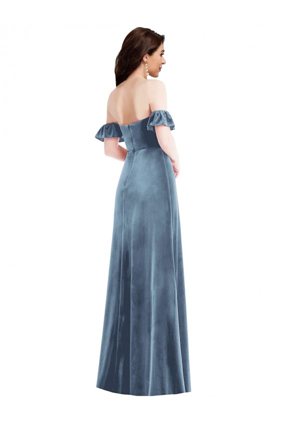 Online Ruffle Sleeve Off the Shoulder Velvet Maxi Prom Dress UK