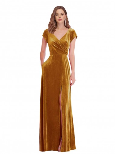 Online Cap Sleeve Faux Wrap Velvet Maxi Prom Dress with Pockets UK