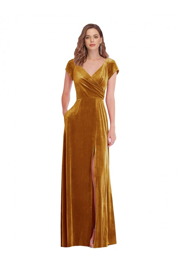 Online Cap Sleeve Faux Wrap Velvet Maxi Prom Dress with Pockets UK