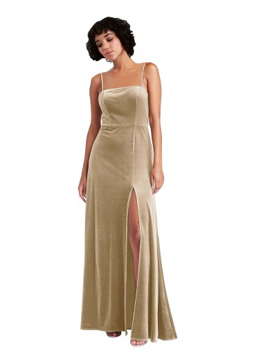 Online Square Neck Velvet Maxi Prom Dress with Front Slit & Pockets UK
