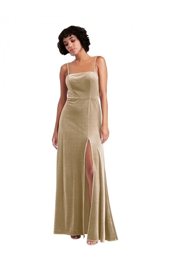 Online Square Neck Velvet Maxi Prom Dress with Front Slit & Pockets UK
