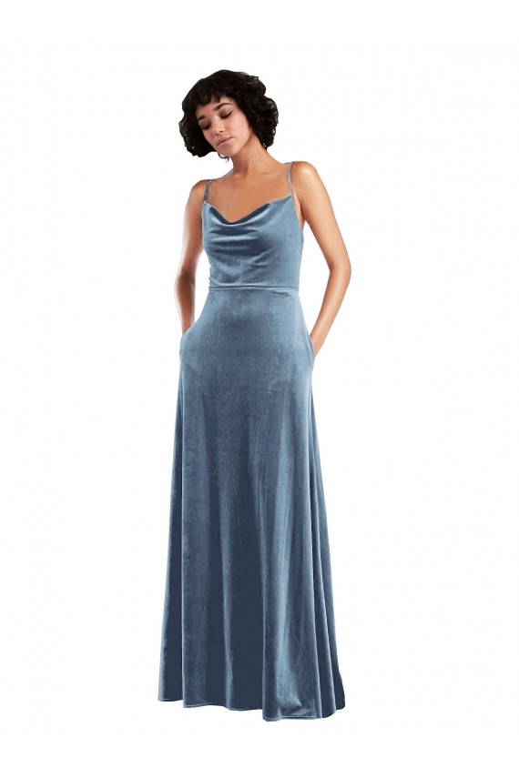 Online Sleek Cowl Neck Velvet Maxi Prom Dress with Pockets UK