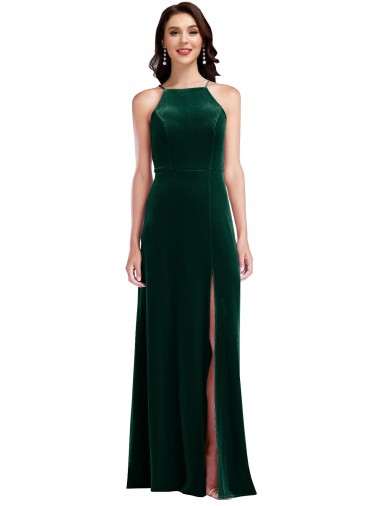 Online Velvet Halter Maxi Prom Dress with Front Slit & Pockets UK