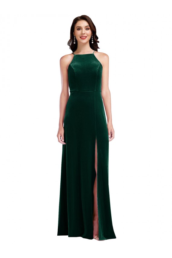 Online Velvet Halter Maxi Prom Dress with Front Slit & Pockets UK