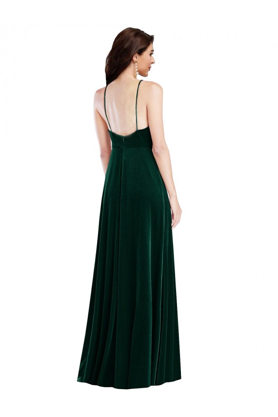 Online Velvet Halter Maxi Prom Dress with Front Slit & Pockets UK