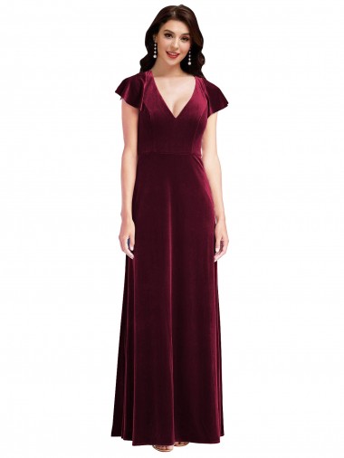 Online Flutter Sleeve Velvet Maxi Prom Dress with Pockets UK