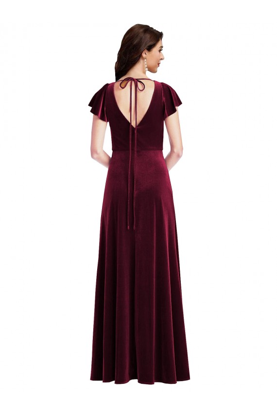 Online Flutter Sleeve Velvet Maxi Prom Dress with Pockets UK