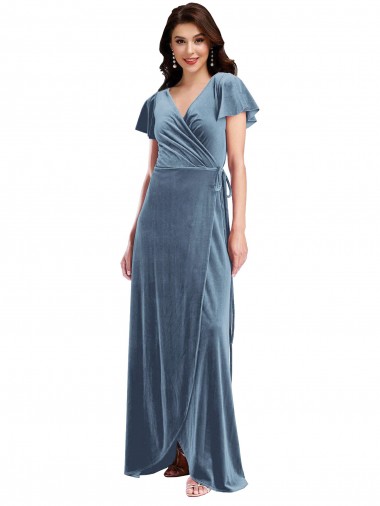 Online Flutter Sleeve Velvet Wrap Maxi Prom Dress with Pockets UK