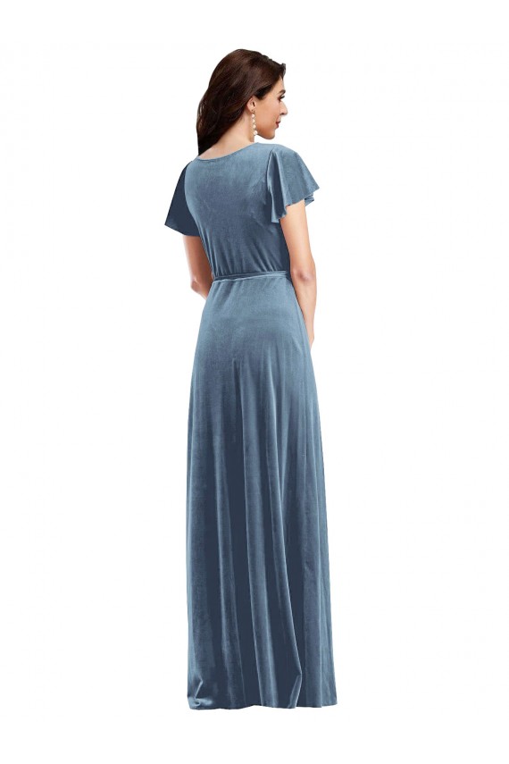 Online Flutter Sleeve Velvet Wrap Maxi Prom Dress with Pockets UK